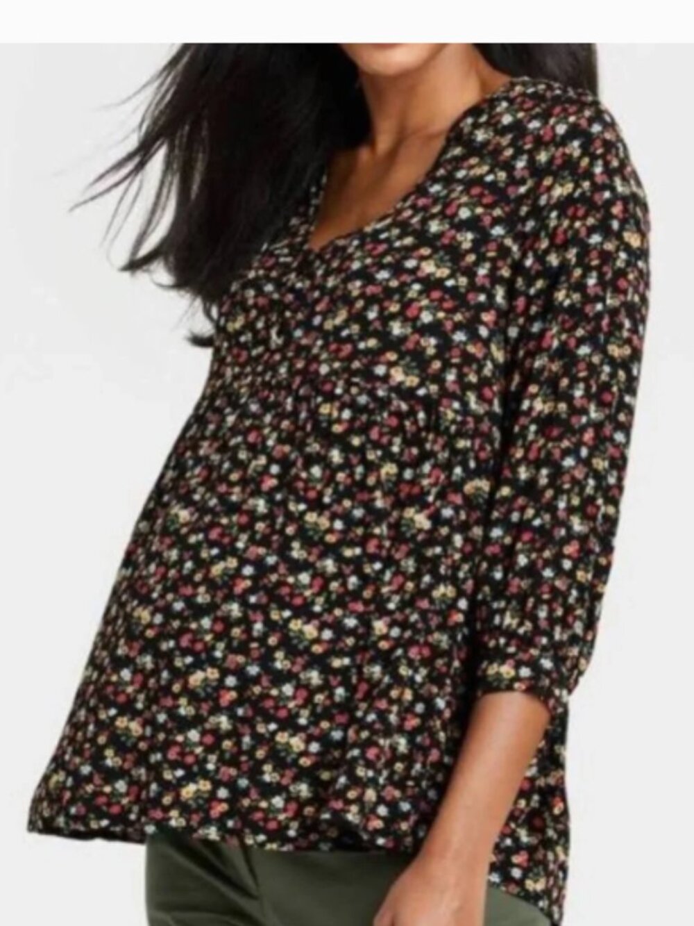 The Nines by Hatch Black Floral Maternity Top Size Large 3/4 Sleeves
